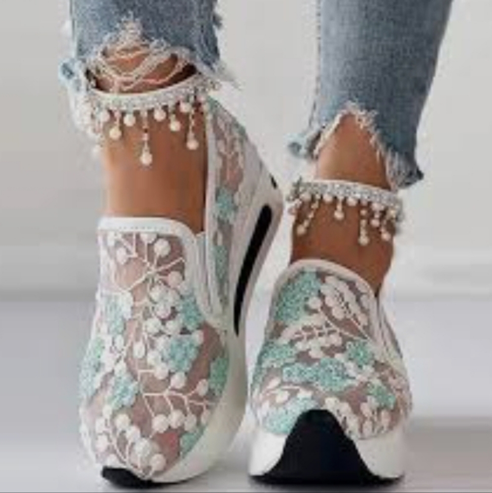 Elegant Mint and White Lace Slip-on Sneakers - Picture 16 of 16